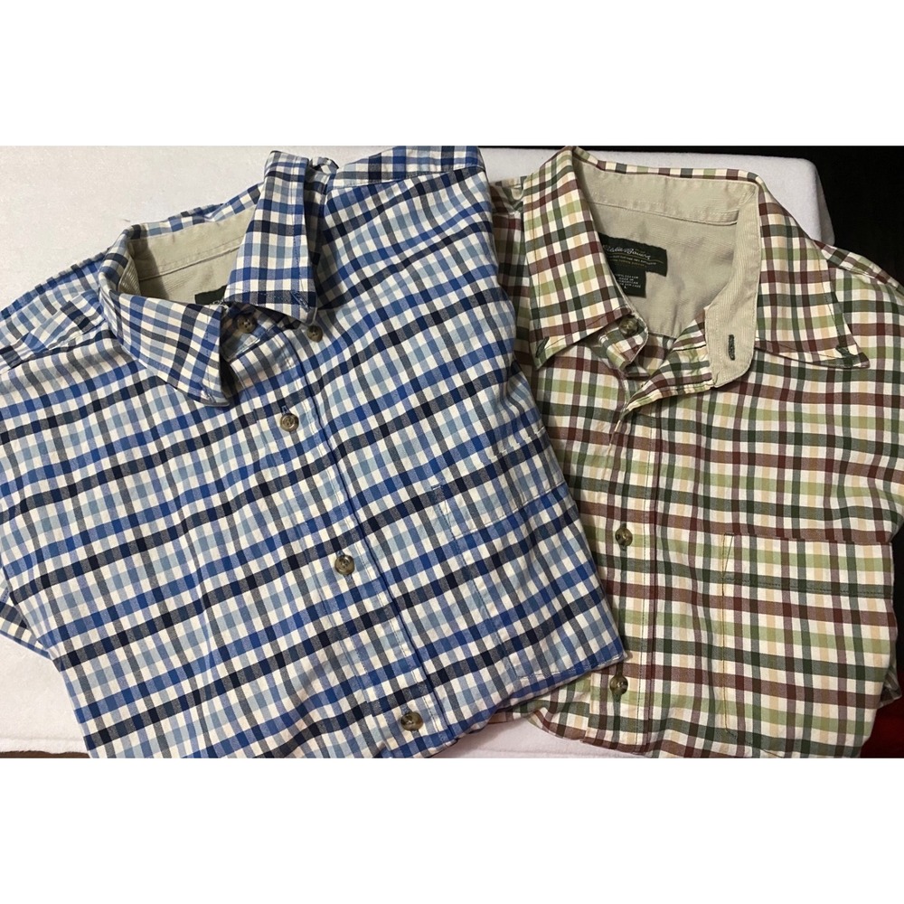 Eddie Bauer  Mens Large Lot of 2  Long Sleeve Plaid Button Up Shirts Blue Green